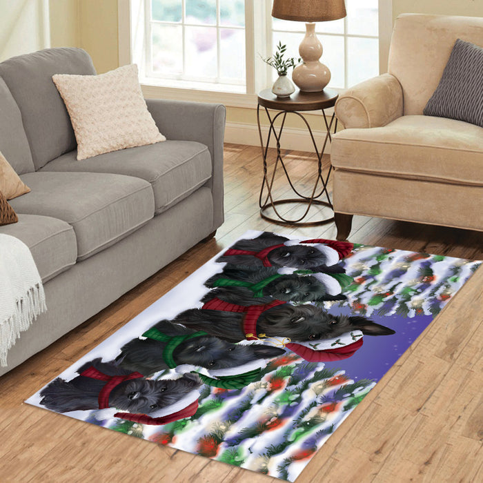 Scottish Terrier Dogs Christmas Family Portrait in Holiday Scenic Background Area Rug