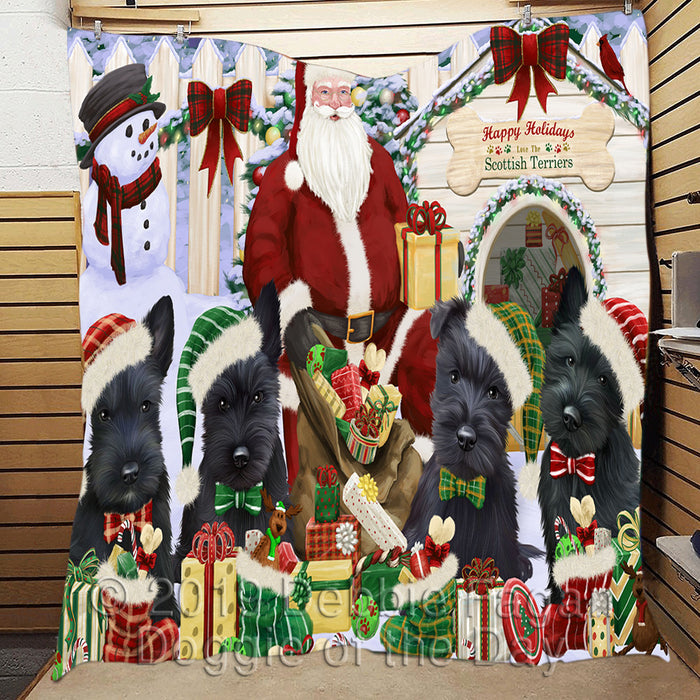 Happy Holidays Christmas Scottish Terrier Dogs House Gathering Quilt