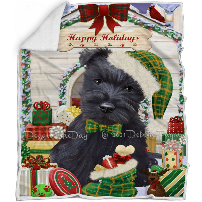 Happy Holidays Christmas Scottish Terrier Dog House with Presents Blanket BLNKT80184
