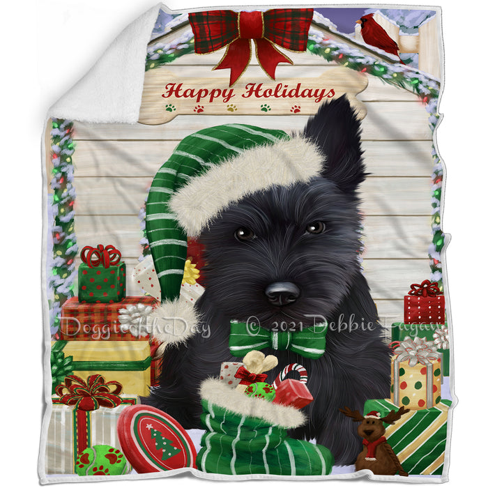Happy Holidays Christmas Scottish Terrier Dog House with Presents Blanket BLNKT80193