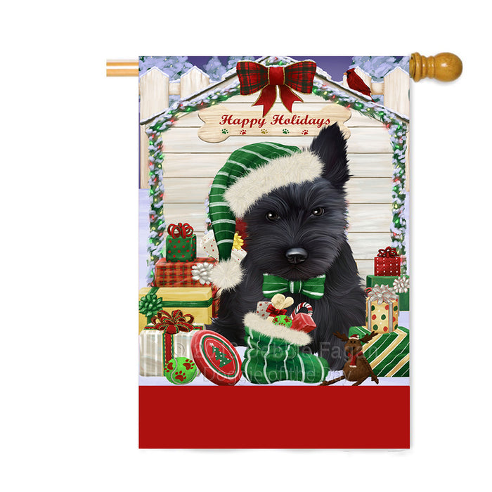 Personalized Happy Holidays Christmas Scottish Terrier Dog House with Presents Custom House Flag FLG-DOTD-A59426
