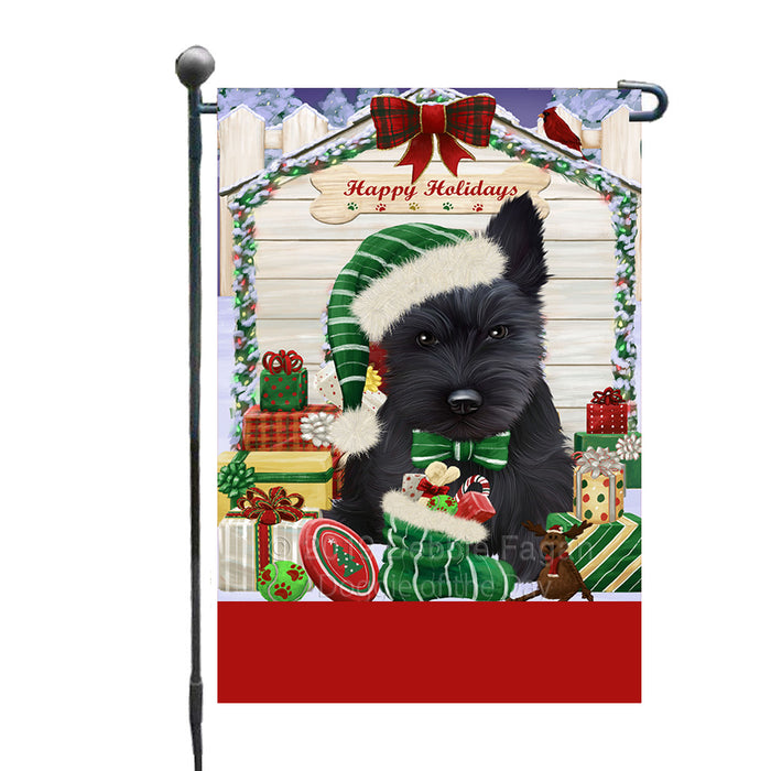 Personalized Happy Holidays Christmas Scottish Terrier Dog House with Presents Custom Garden Flags GFLG-DOTD-A59370