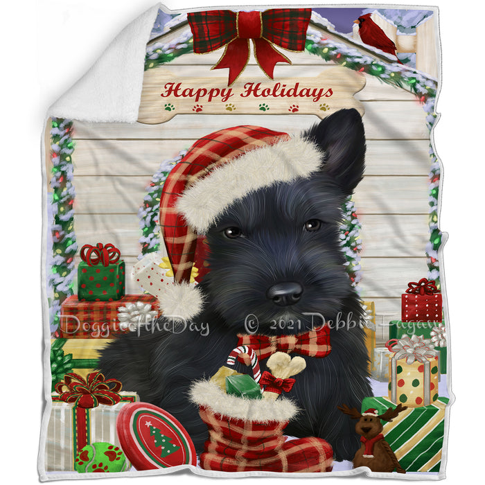Happy Holidays Christmas Scottish Terrier Dog House with Presents Blanket BLNKT80202