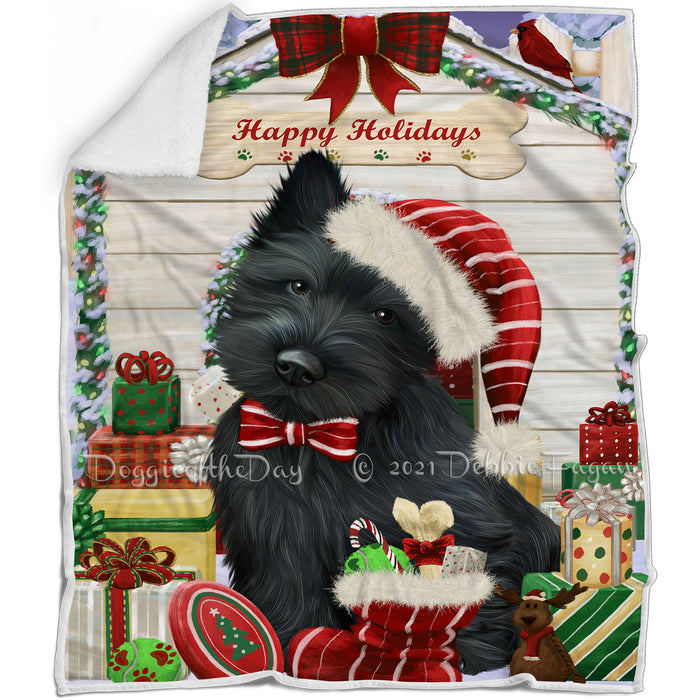 Happy Holidays Christmas Scottish Terrier Dog House with Presents Blanket BLNKT80211