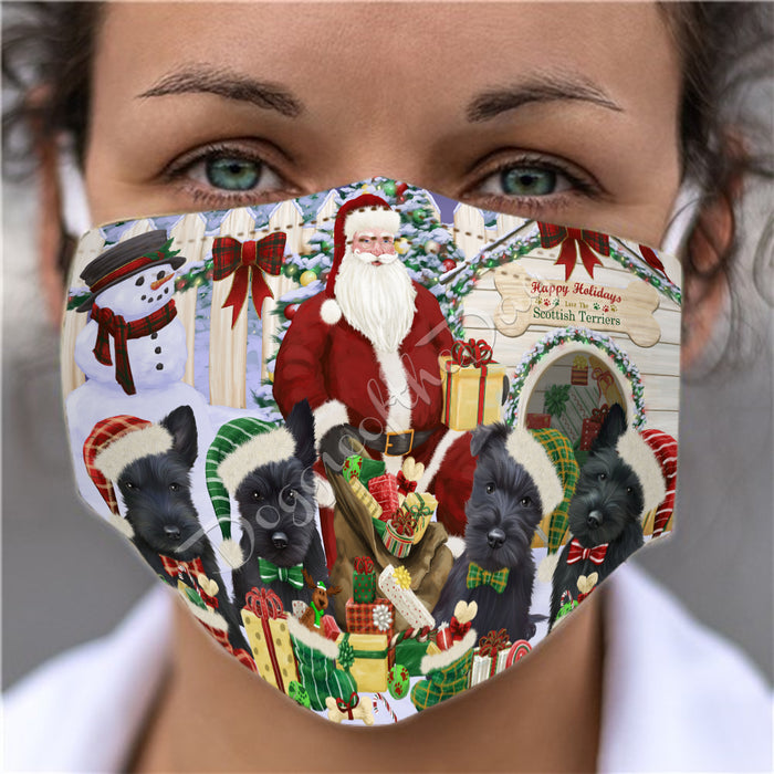Happy Holidays Christmas Scottish Terrier Dogs House Gathering Face Mask FM48278