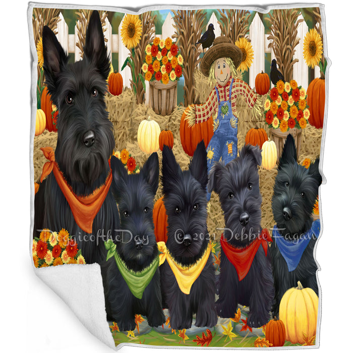 Fall Festive Gathering Scottish Terriers Dog with Pumpkins Blanket BLNKT73299