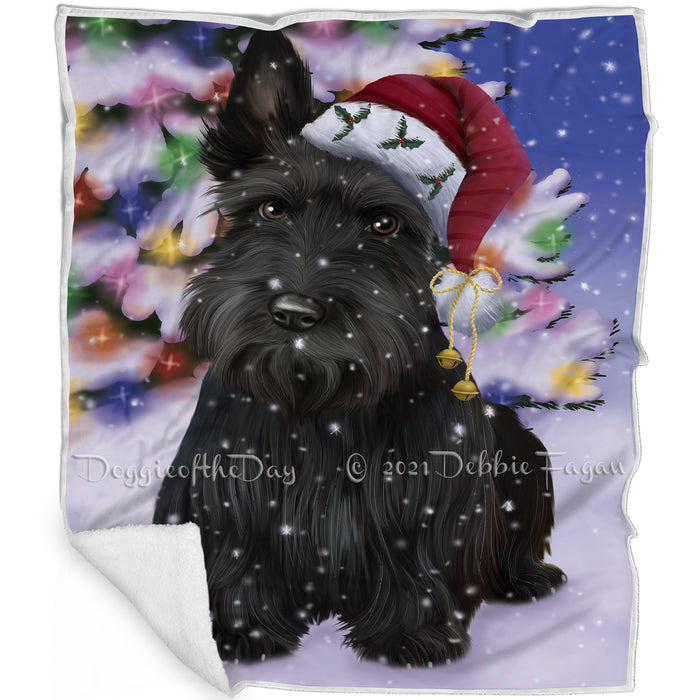 Winterland Wonderland Scottish Terrier Dog In Christmas Holiday Scenic Background Blanket