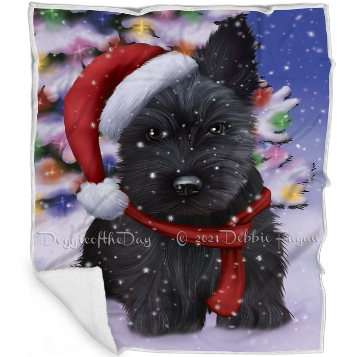 Winterland Wonderland Scottish Terrier Dog In Christmas Holiday Scenic Background Blanket