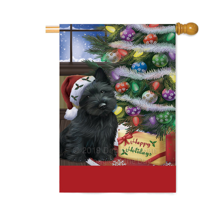 Personalized Christmas Happy Holidays Scottish Terrier Dog with Tree and Presents Custom House Flag FLG-DOTD-A58720