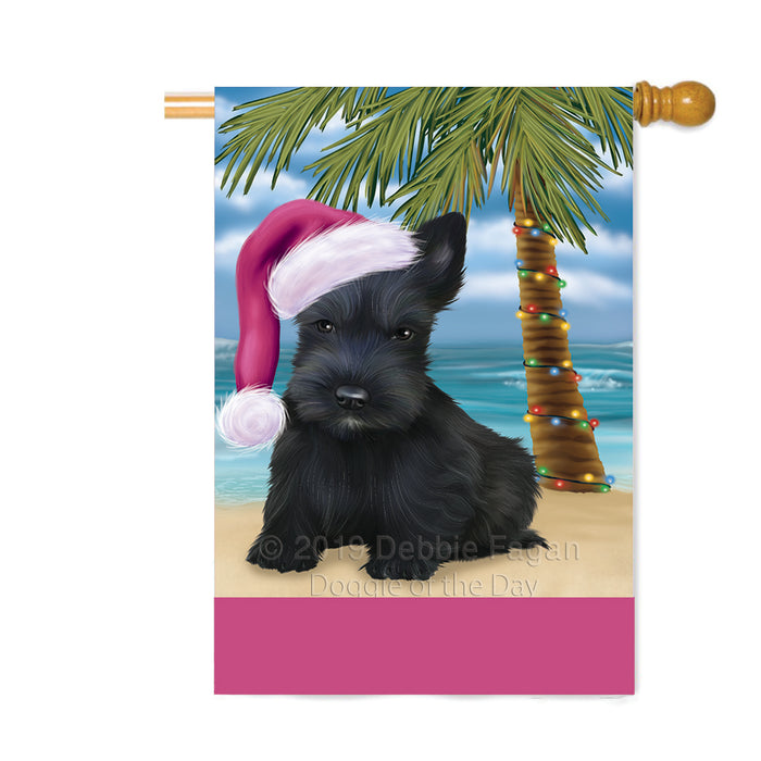 Personalized Summertime Happy Holidays Christmas Scottish Terrier Dog on Tropical Island Beach Custom House Flag FLG-DOTD-A60586