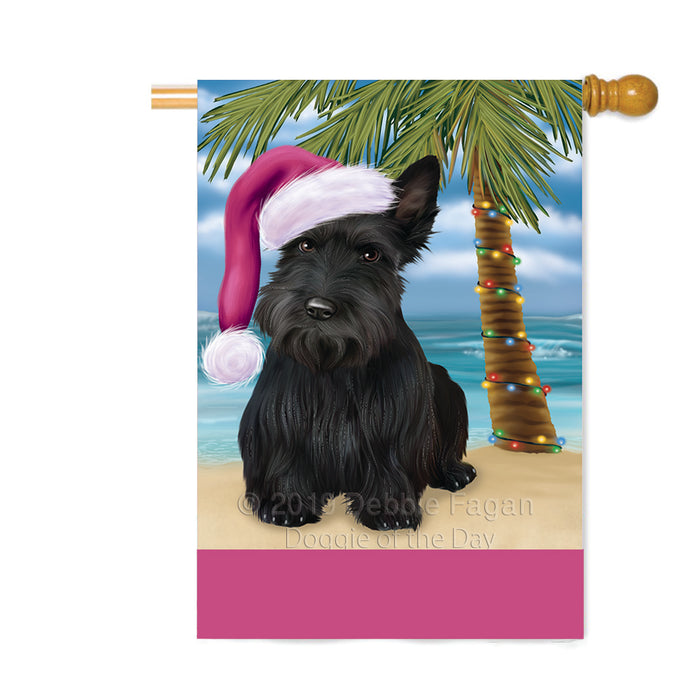 Personalized Summertime Happy Holidays Christmas Scottish Terrier Dog on Tropical Island Beach Custom House Flag FLG-DOTD-A60587