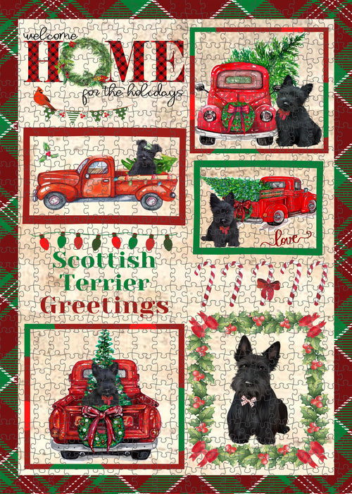 Welcome Home for Christmas Holidays Scottish Terrier Dogs Portrait Jigsaw Puzzle for Adults Animal Interlocking Puzzle Game Unique Gift for Dog Lover's with Metal Tin Box