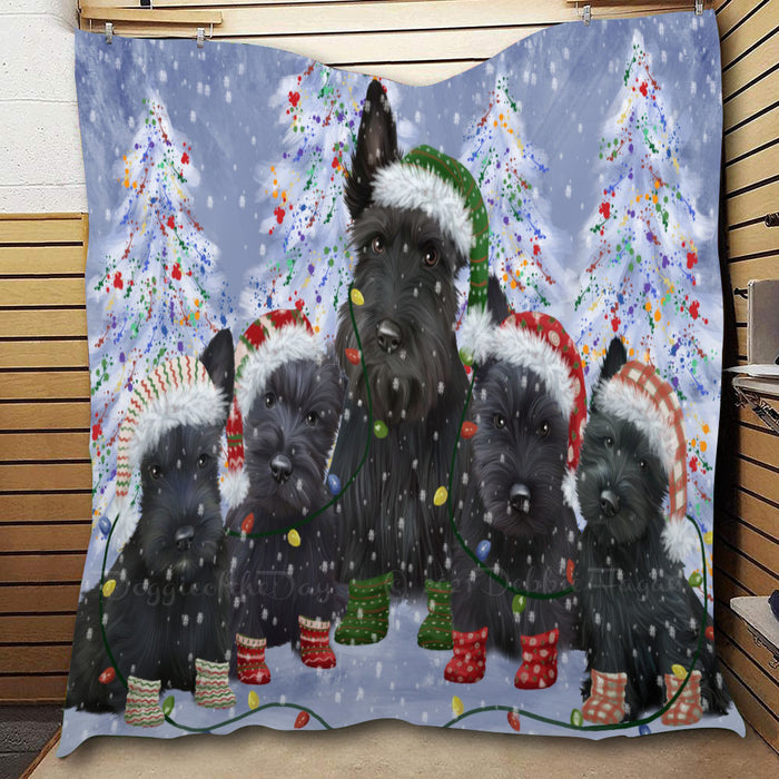 Christmas Lights and Scottish Terrier Dogs  Quilt Bed Coverlet Bedspread - Pets Comforter Unique One-side Animal Printing - Soft Lightweight Durable Washable Polyester Quilt