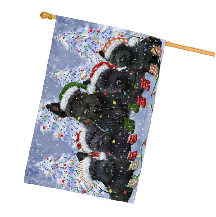 Christmas Lights and Scottish Terrier Dogs House Flag Outdoor Decorative Double Sided Pet Portrait Weather Resistant Premium Quality Animal Printed Home Decorative Flags 100% Polyester