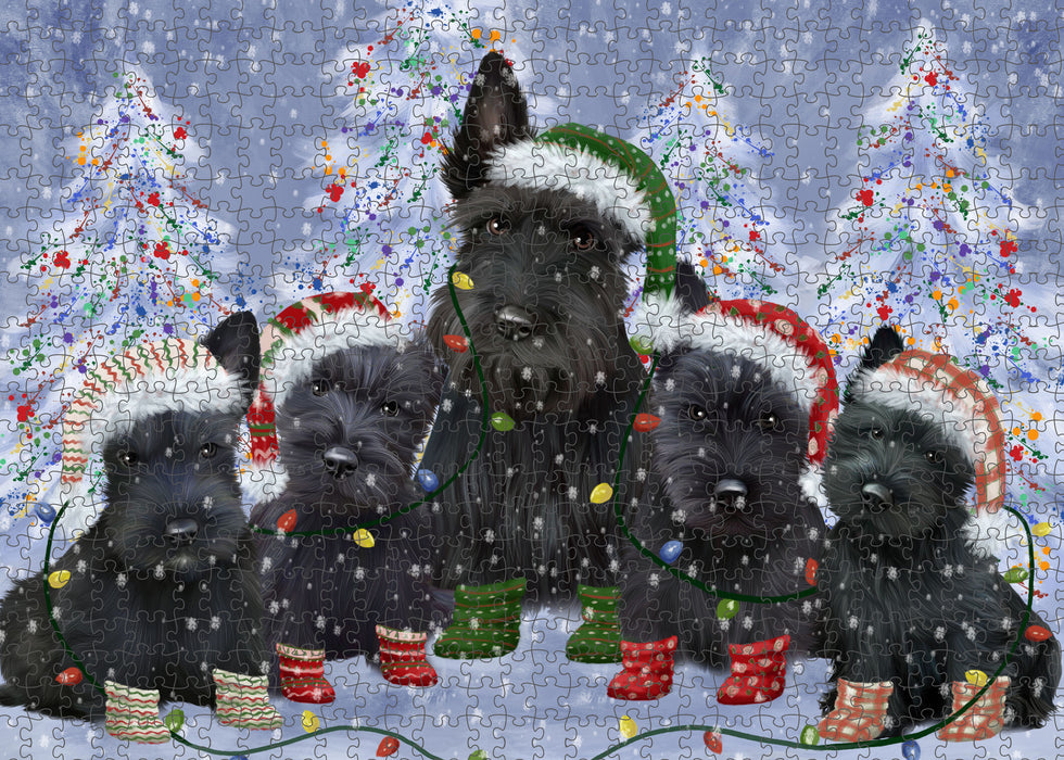 Christmas Lights and Scottish Terrier Dogs Portrait Jigsaw Puzzle for Adults Animal Interlocking Puzzle Game Unique Gift for Dog Lover's with Metal Tin Box