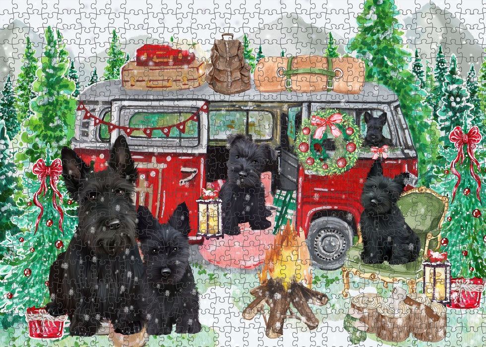 Christmas Time Camping with Scottish Terrier Dogs Portrait Jigsaw Puzzle for Adults Animal Interlocking Puzzle Game Unique Gift for Dog Lover's with Metal Tin Box