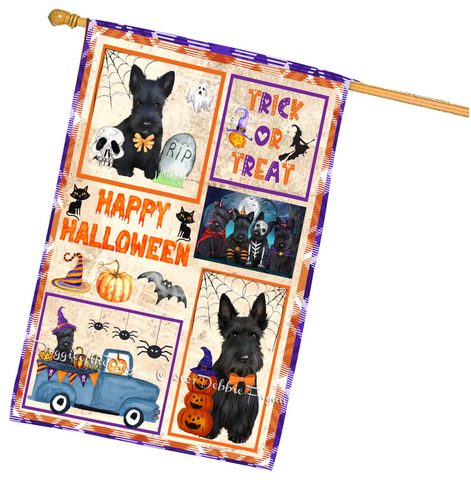 Happy Halloween Trick or Treat Scottish Terrier Dogs House Flag Outdoor Decorative Double Sided Pet Portrait Weather Resistant Premium Quality Animal Printed Home Decorative Flags 100% Polyester