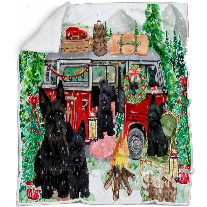Christmas Time Camping with Scottish Terrier Dogs Blanket - Lightweight Soft Cozy and Durable Bed Blanket - Animal Theme Fuzzy Blanket for Sofa Couch