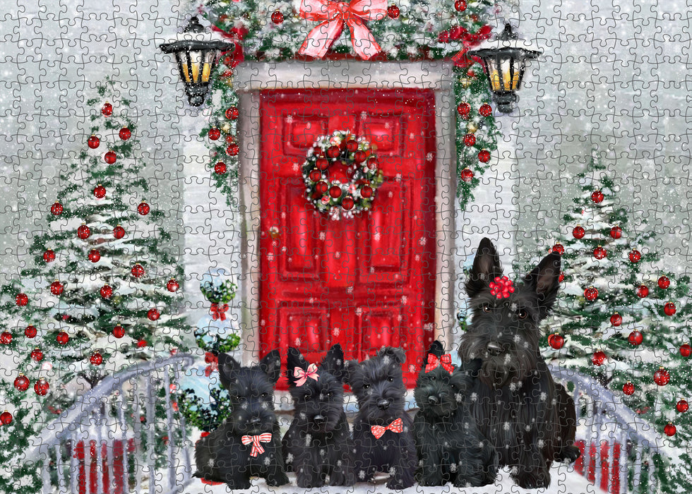 Christmas Holiday Welcome Scottish Terrier Dogs Portrait Jigsaw Puzzle for Adults Animal Interlocking Puzzle Game Unique Gift for Dog Lover's with Metal Tin Box