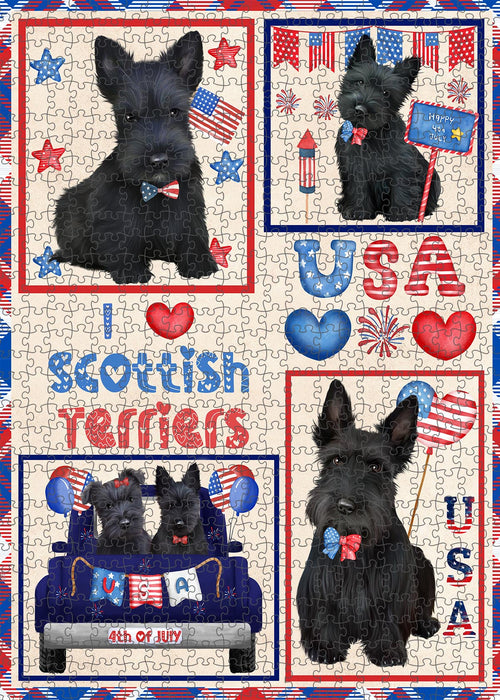 4th of July Independence Day I Love USA Scottish Terrier Dogs Portrait Jigsaw Puzzle for Adults Animal Interlocking Puzzle Game Unique Gift for Dog Lover's with Metal Tin Box