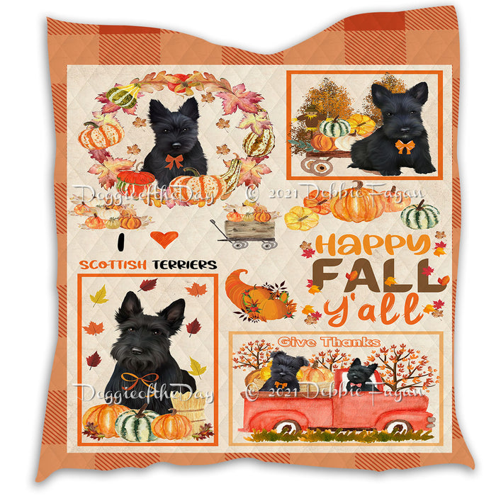 Happy Fall Y'all Pumpkin Scottish Terrier Dogs Quilt Bed Coverlet Bedspread - Pets Comforter Unique One-side Animal Printing - Soft Lightweight Durable Washable Polyester Quilt