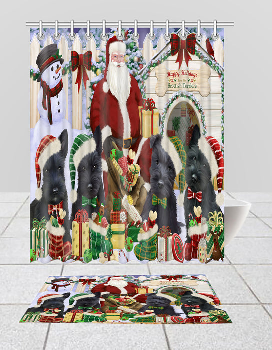 Happy Holidays Christmas Scottish Terrier Dogs House Gathering Bath Mat and Shower Curtain Combo