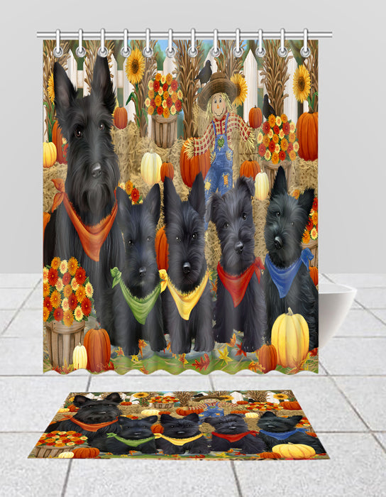 Fall Festive Harvest Time Gathering Scottish Terrier Dogs Bath Mat and Shower Curtain Combo