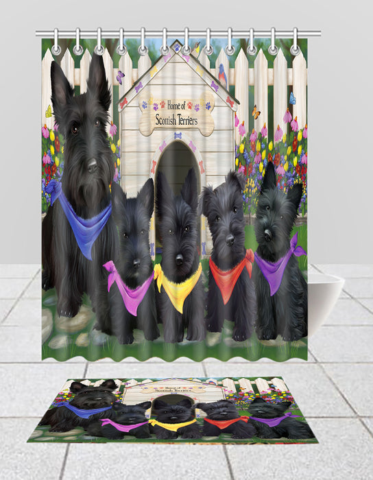 Spring Dog House Scottish Terrier Dogs Bath Mat and Shower Curtain Combo