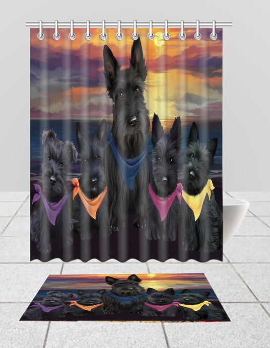 Family Sunset Portrait Scottish Terrier Dogs Bath Mat and Shower Curtain Combo