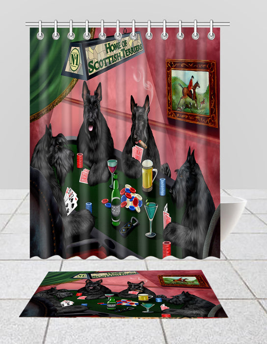 Home of  Scottish Terrier Dogs Playing Poker Bath Mat and Shower Curtain Combo