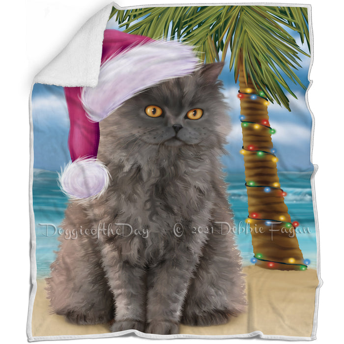 Summertime Happy Holidays Christmas Selkirk Rex Cat on Tropical Island Beach Blanket D137