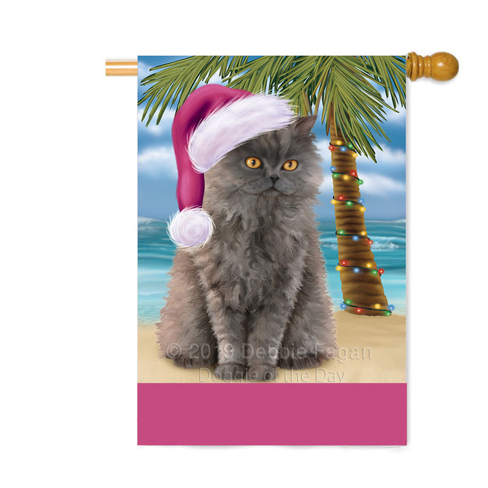 Personalized Summertime Happy Holidays Christmas Selkirk Rex Dog on Tropical Island Beach Custom House Flag FLG-DOTD-A60588