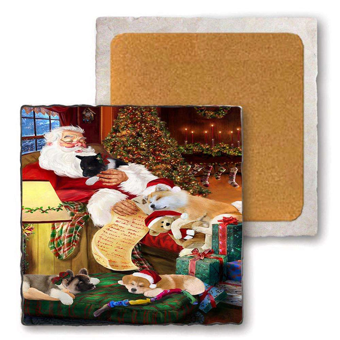 Set of 4 Natural Stone Marble Tile Coasters - Akitas Dog and Puppies Sleeping with Santa MCST48146