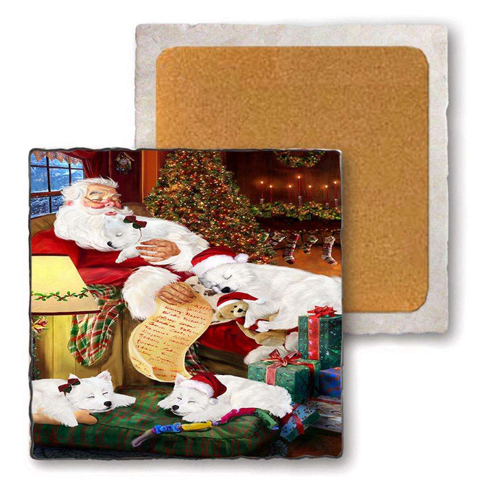 Set of 4 Natural Stone Marble Tile Coasters - American Eskimos Dog and Puppies Sleeping with Santa MCST48100