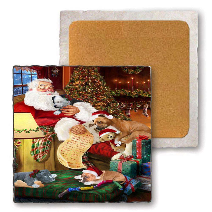 Set of 4 Natural Stone Marble Tile Coasters - American Staffordshires Dog and Puppies Sleeping with Santa MCST48079