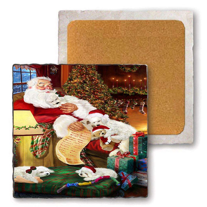 Set of 4 Natural Stone Marble Tile Coasters - Bichon Frises Dog and Puppies Sleeping with Santa MCST48085