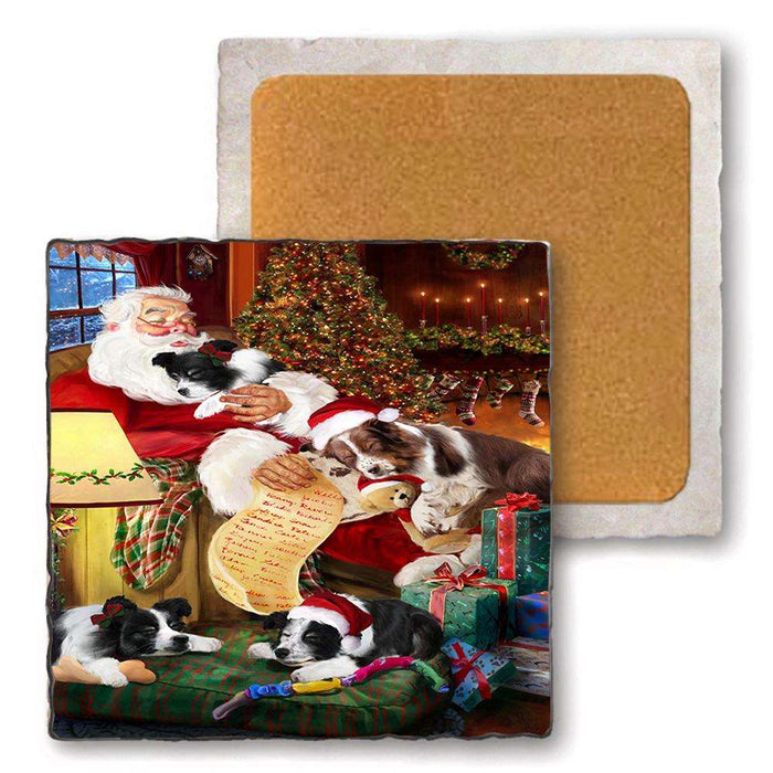 Set of 4 Natural Stone Marble Tile Coasters - Border Collies Dog and Puppies Sleeping with Santa MCST48086