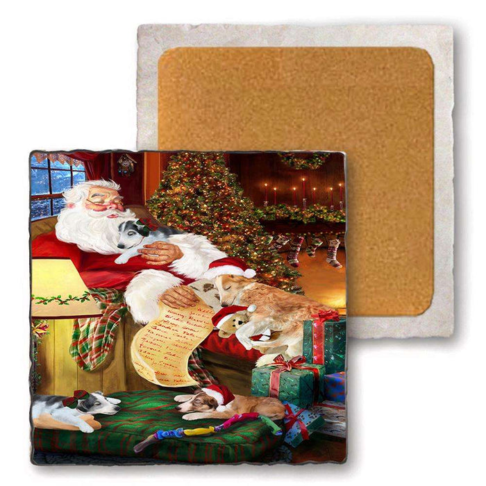 Set of 4 Natural Stone Marble Tile Coasters - Borzois Dog and Puppies Sleeping with Santa MCST48129