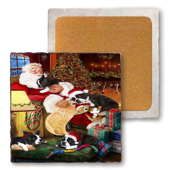 Set of 4 Natural Stone Marble Tile Coasters - Boston Terriers Dog and Puppies Sleeping with Santa MCST48087