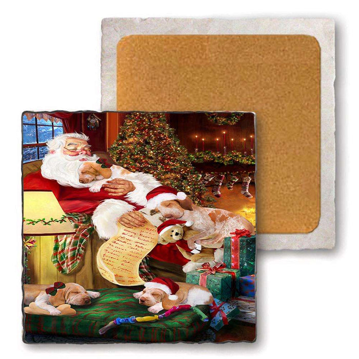 Set of 4 Natural Stone Marble Tile Coasters - Bracco Italianos Dog and Puppies Sleeping with Santa MCST48130