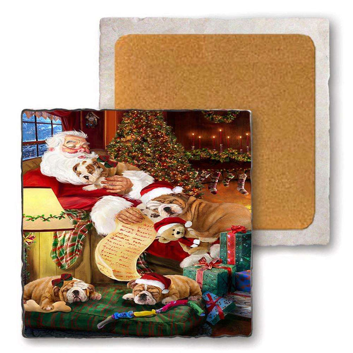 Set of 4 Natural Stone Marble Tile Coasters - Bulldogs Dog and Puppies Sleeping with Santa MCST48090