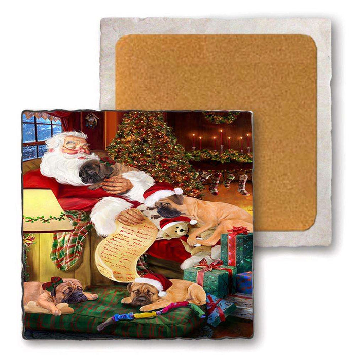 Set of 4 Natural Stone Marble Tile Coasters - Bullmastiffs Dog and Puppies Sleeping with Santa MCST48091