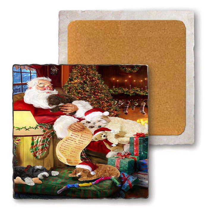 Set of 4 Natural Stone Marble Tile Coasters - Cockapoos Dog and Puppies Sleeping with Santa MCST48132