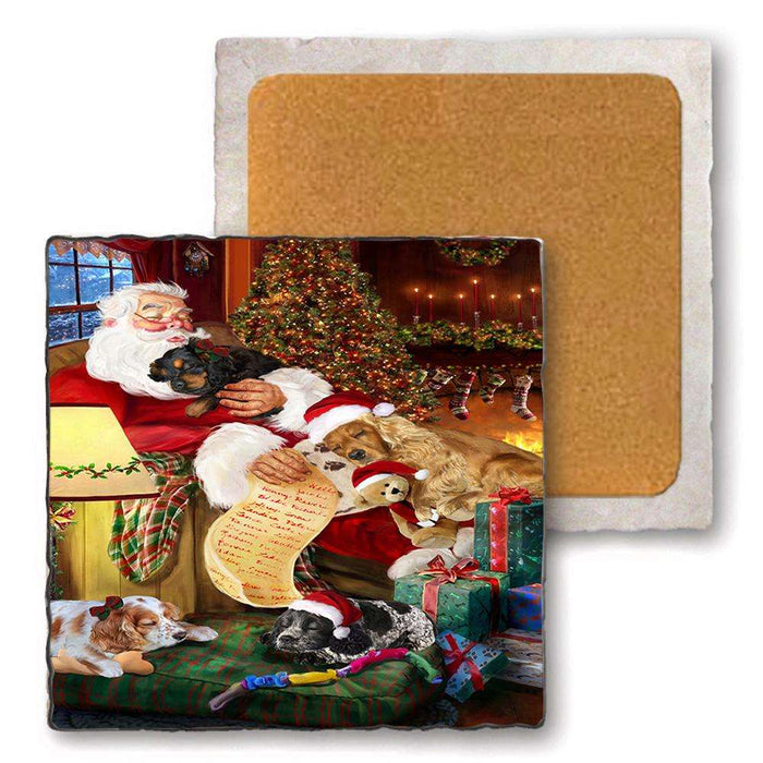 Set of 4 Natural Stone Marble Tile Coasters - Cocker Spaniels Dog and Puppies Sleeping with Santa MCST48095