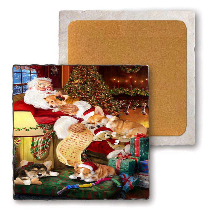 Set of 4 Natural Stone Marble Tile Coasters - Corgis Dog and Puppies Sleeping with Santa MCST48096