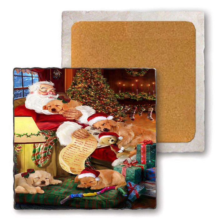 Set of 4 Natural Stone Marble Tile Coasters - Golden Retrievers Dog and Puppies Sleeping with Santa MCST48104