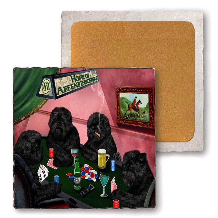Set of 4 Natural Stone Marble Tile Coasters - Home of Affenpinscher 4 Dogs Playing Poker MCST48056