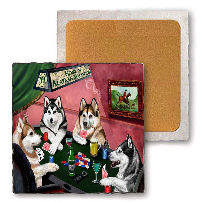 Set of 4 Natural Stone Marble Tile Coasters - Home of Alaskan Malamute 4 Dogs Playing Poker MCST48001