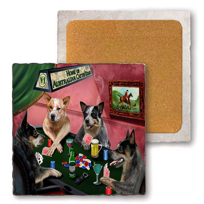 Set of 4 Natural Stone Marble Tile Coasters - Home of Australian Cattle 4 Dogs Playing Poker MCST48003