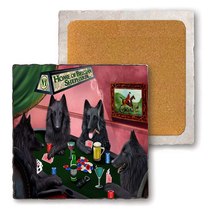Set of 4 Natural Stone Marble Tile Coasters - Home of Belgian Shepherd 4 Dogs Playing Poker MCST48051